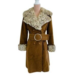 Vintage Brown Suede Trench Coat with Cream Shearling Trim